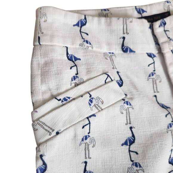 Zara Basic Capri Pants Size XS White Blue Gray Flamingos Twill Cotton Blend - Picture 5 of 8